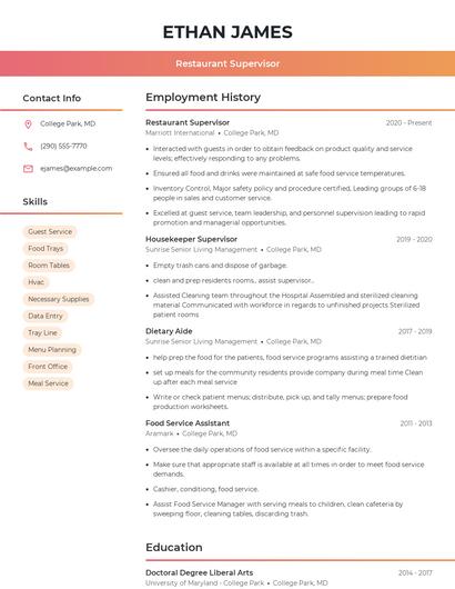 Restaurant Supervisor Resume