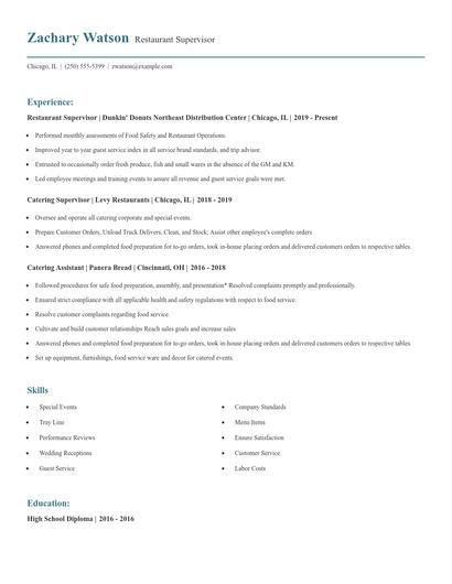 Restaurant Supervisor Resume