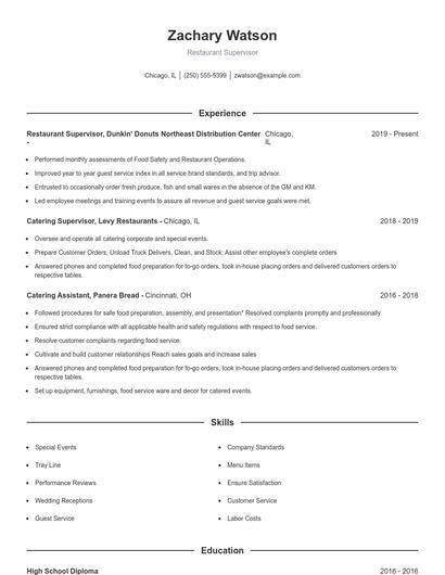 Restaurant Supervisor Resume