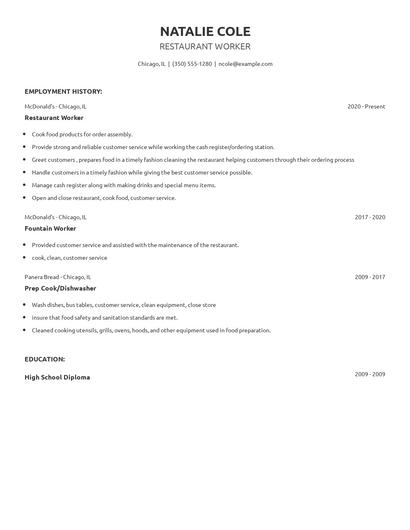 Restaurant Worker Resume