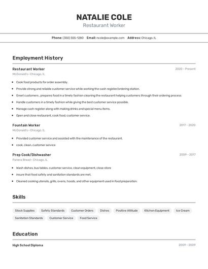 Restaurant Worker Resume