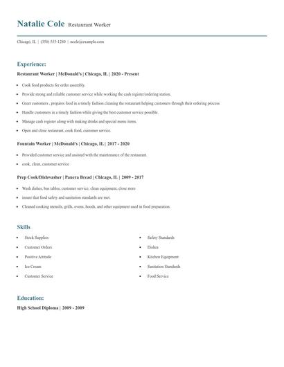 Restaurant Worker Resume