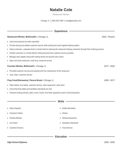 Restaurant Worker Resume
