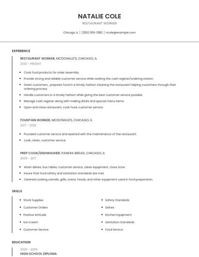 Restaurant Worker Resume