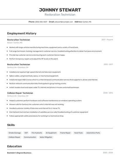 Restoration Technician Resume