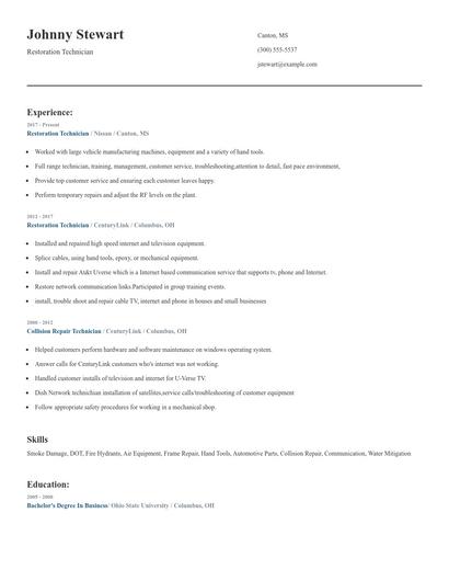 Restoration Technician Resume