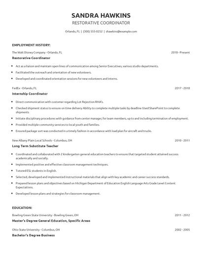 Restorative Coordinator Resume