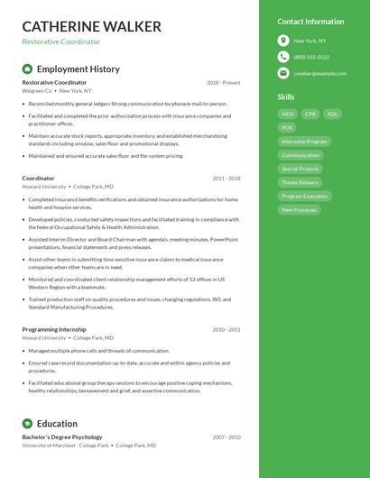 Restorative Coordinator Resume