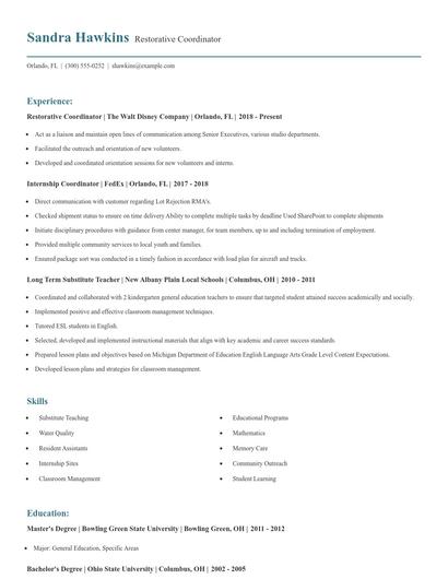 Restorative Coordinator Resume
