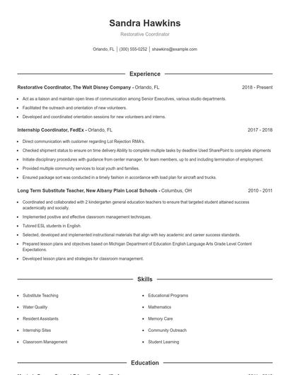 Restorative Coordinator Resume