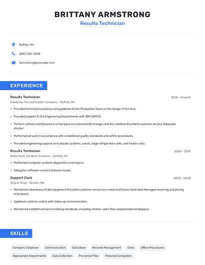 Results Technician Resume