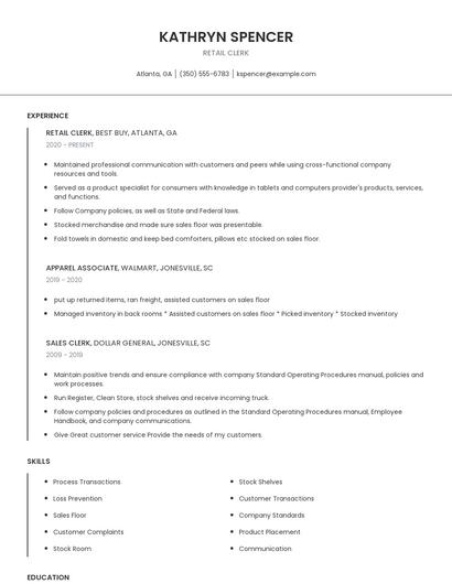 Retail Clerk Resume