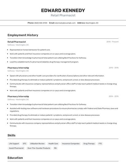 Retail Pharmacist Resume