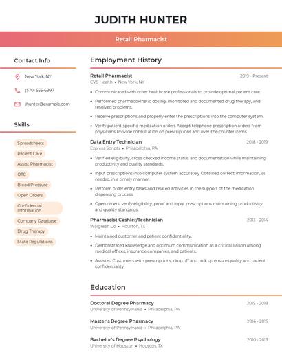 Retail Pharmacist Resume