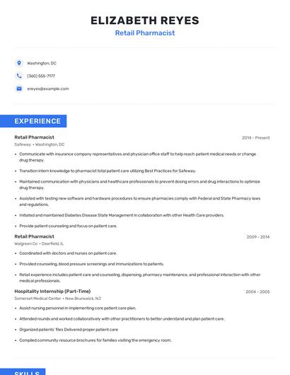 Retail Pharmacist Resume