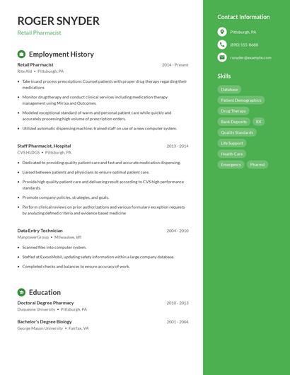 Retail Pharmacist Resume