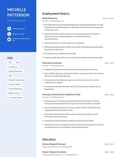 Retail Pharmacist Resume