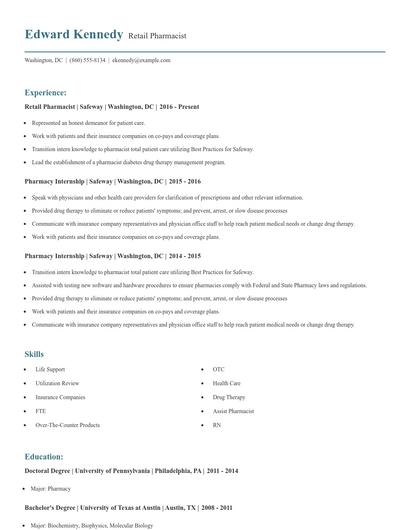 Retail Pharmacist Resume