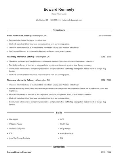 Retail Pharmacist Resume