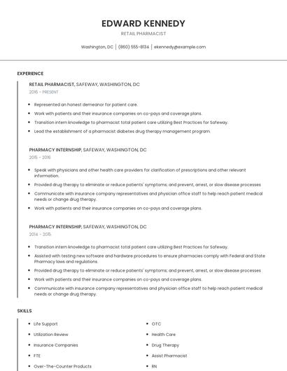 Retail Pharmacist Resume