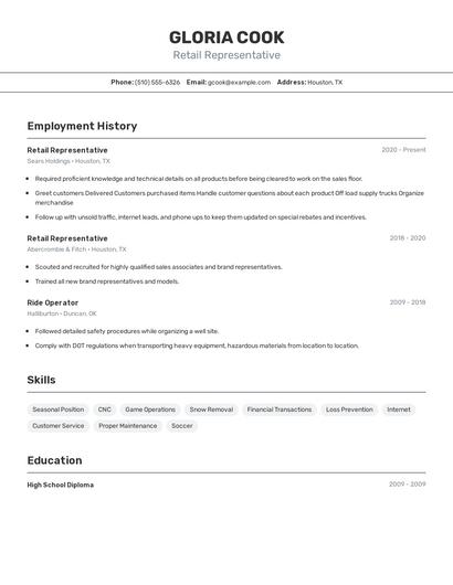 Retail Representative Resume