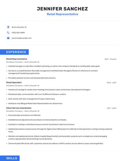 Retail Representative Resume