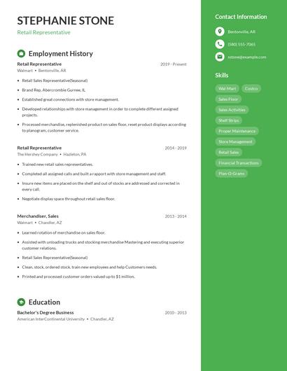Retail Representative Resume
