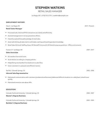 Retail Sales Manager Resume