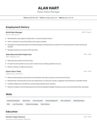 Retail Sales Manager Resume