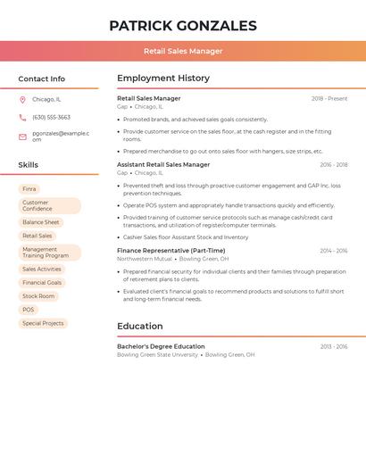 Retail Sales Manager Resume
