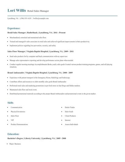 Retail Sales Manager Resume
