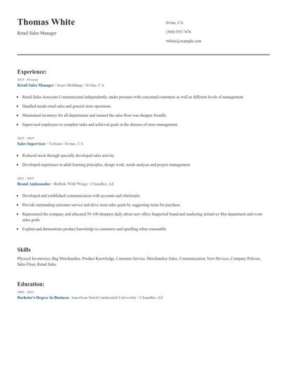 Retail Sales Manager Resume
