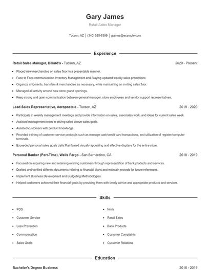 Retail Sales Manager Resume