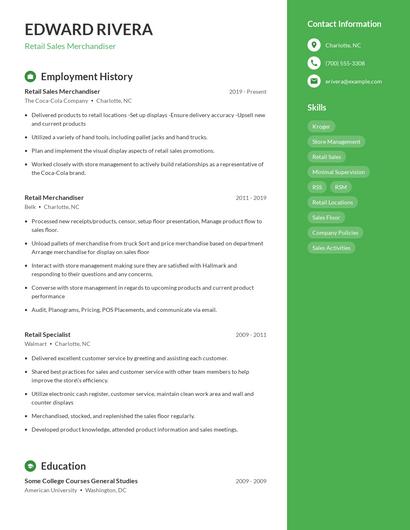 Retail Sales Merchandiser Resume