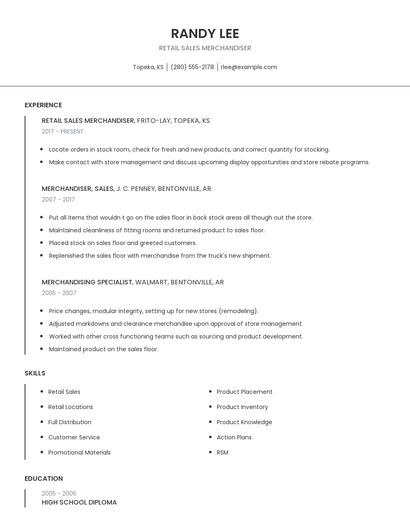 Retail Sales Merchandiser Resume