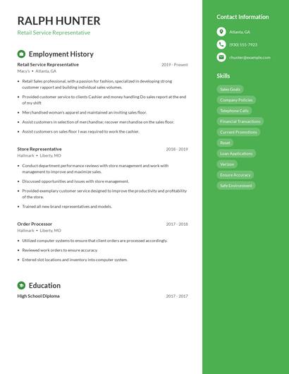 Retail Service Representative Resume