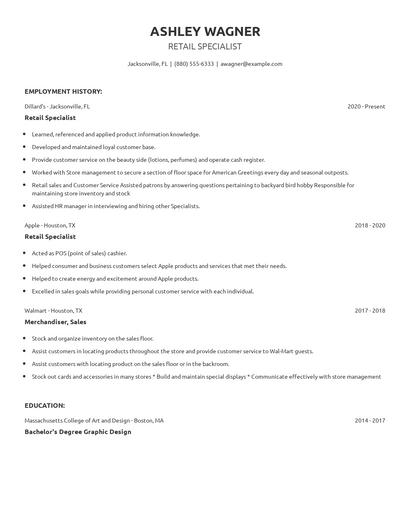 Retail Specialist Resume