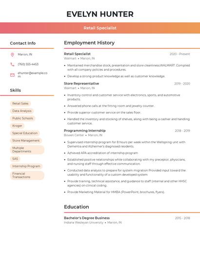 Retail Specialist Resume