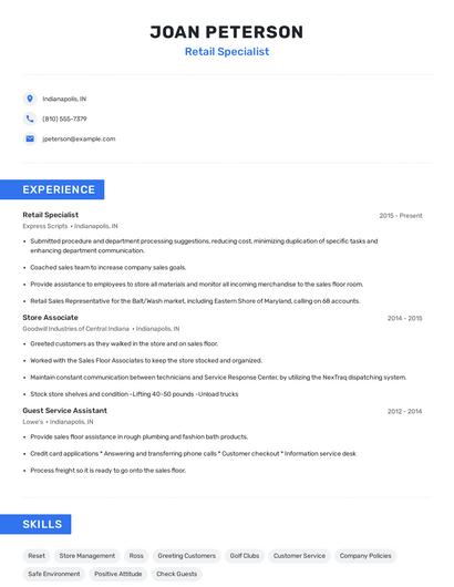 Retail Specialist Resume