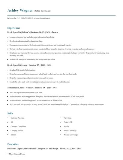 Retail Specialist Resume