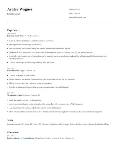 Retail Specialist Resume
