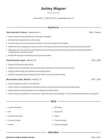 Retail Specialist Resume