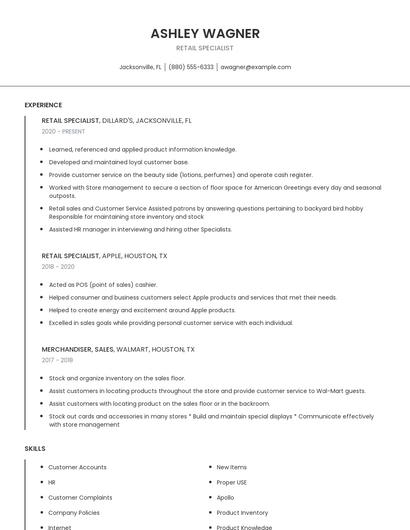 Retail Specialist Resume