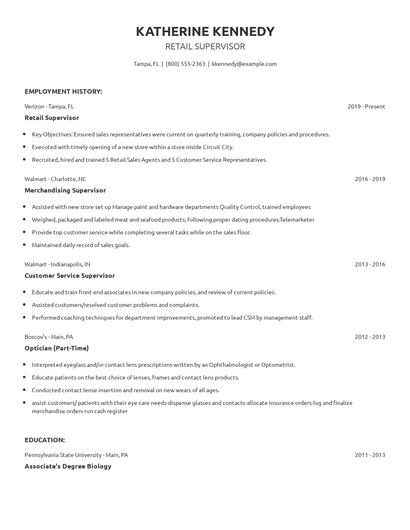 Retail Supervisor Resume