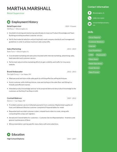Retail Supervisor Resume