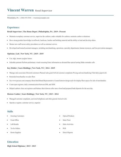 Retail Supervisor Resume