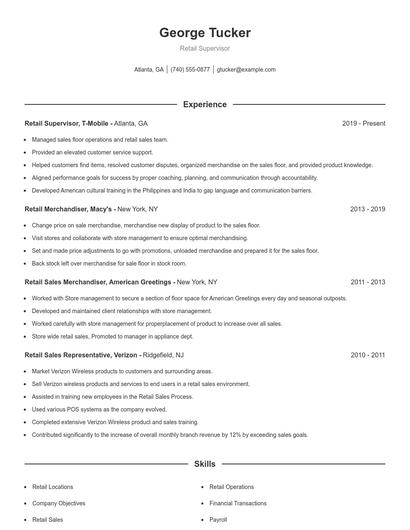 Retail Supervisor Resume
