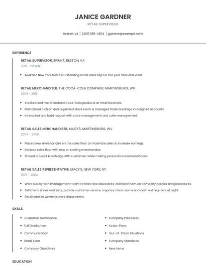 Retail Supervisor Resume