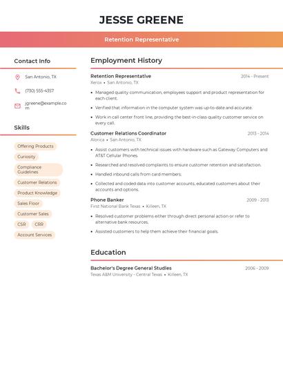 Retention Representative Resume