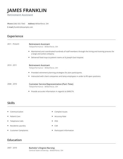 Retirement Assistant Resume